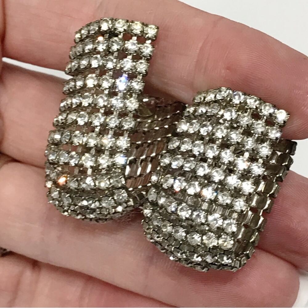 Vintage 7 Row Rhinestone Tennis Pave Mesh Huggie Hoop Runway Clip On Earrings